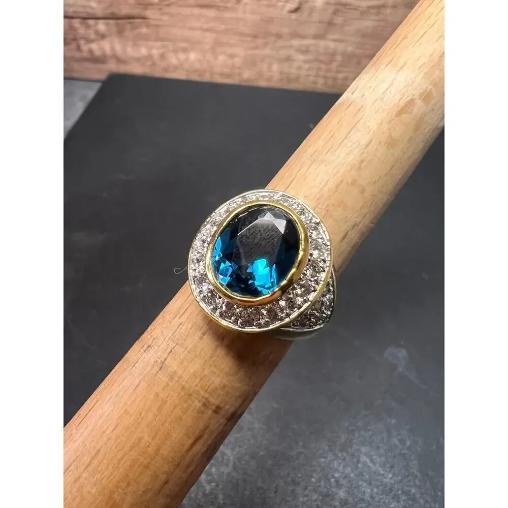 Lab blue spinel and CZ 18k rolled gold ring size 7